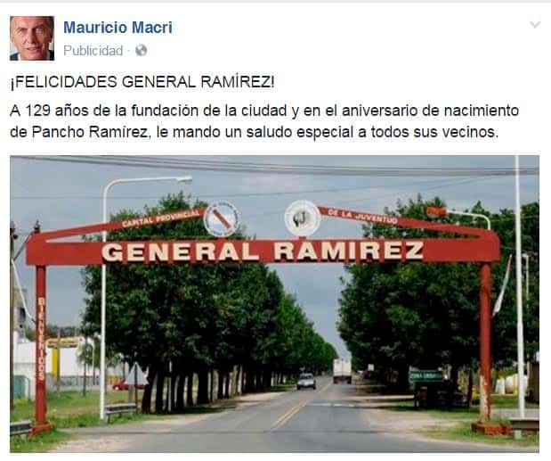 En su cuenta oficial de Facebook, Macri saludó a Ramírez