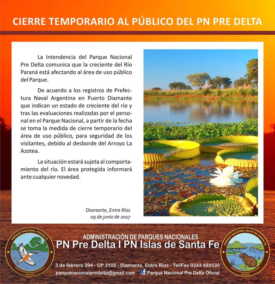 El Parque Nacional Pre Delta cerró temporalmente al público