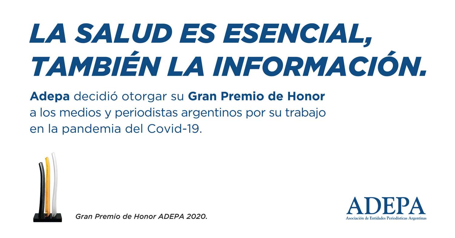 Adepa entregará su Gran Premio de Honor 2020 a los medios y periodistas argentinos