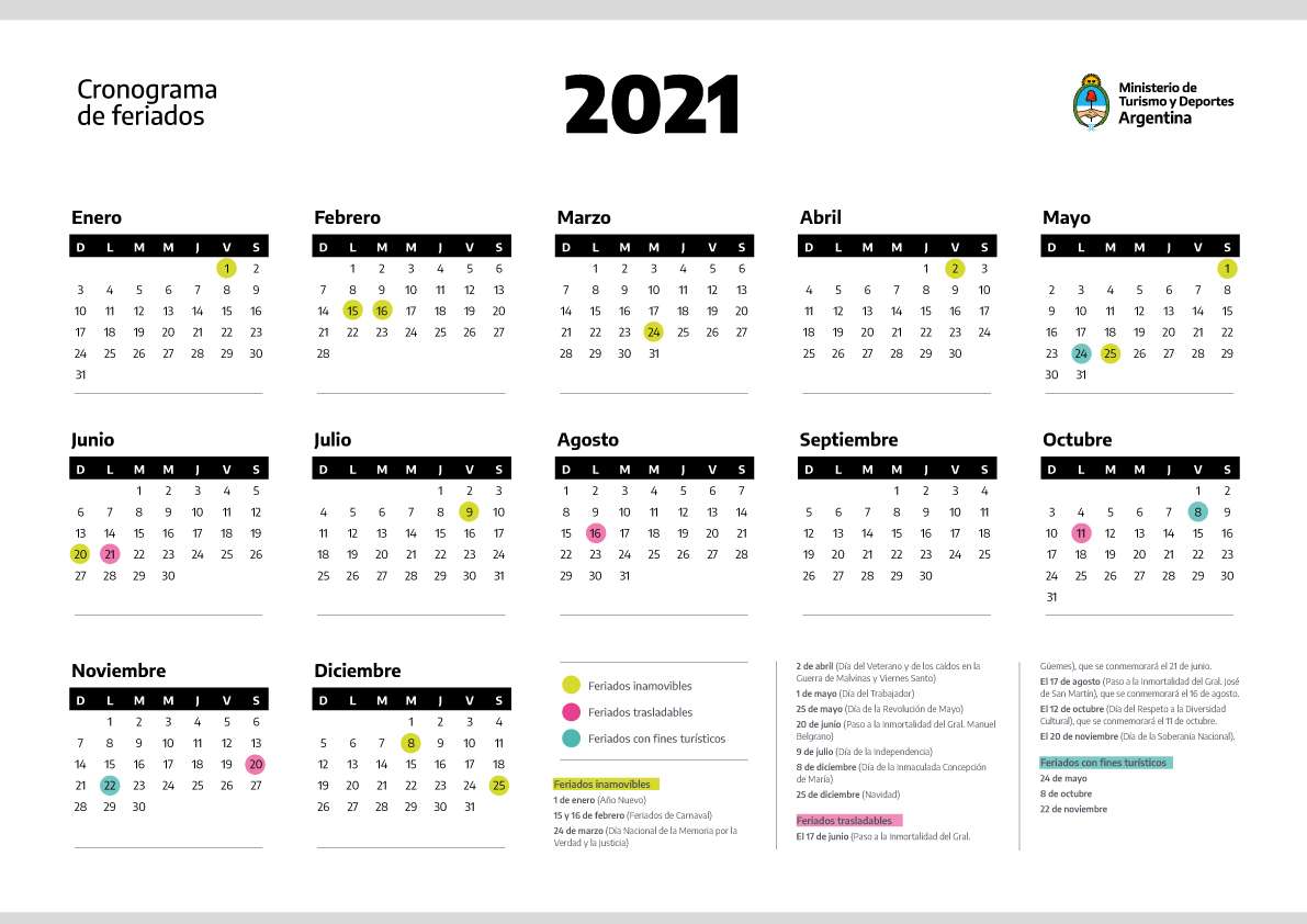 Así será el calendario oficial de feriados en Argentina para el 2021
