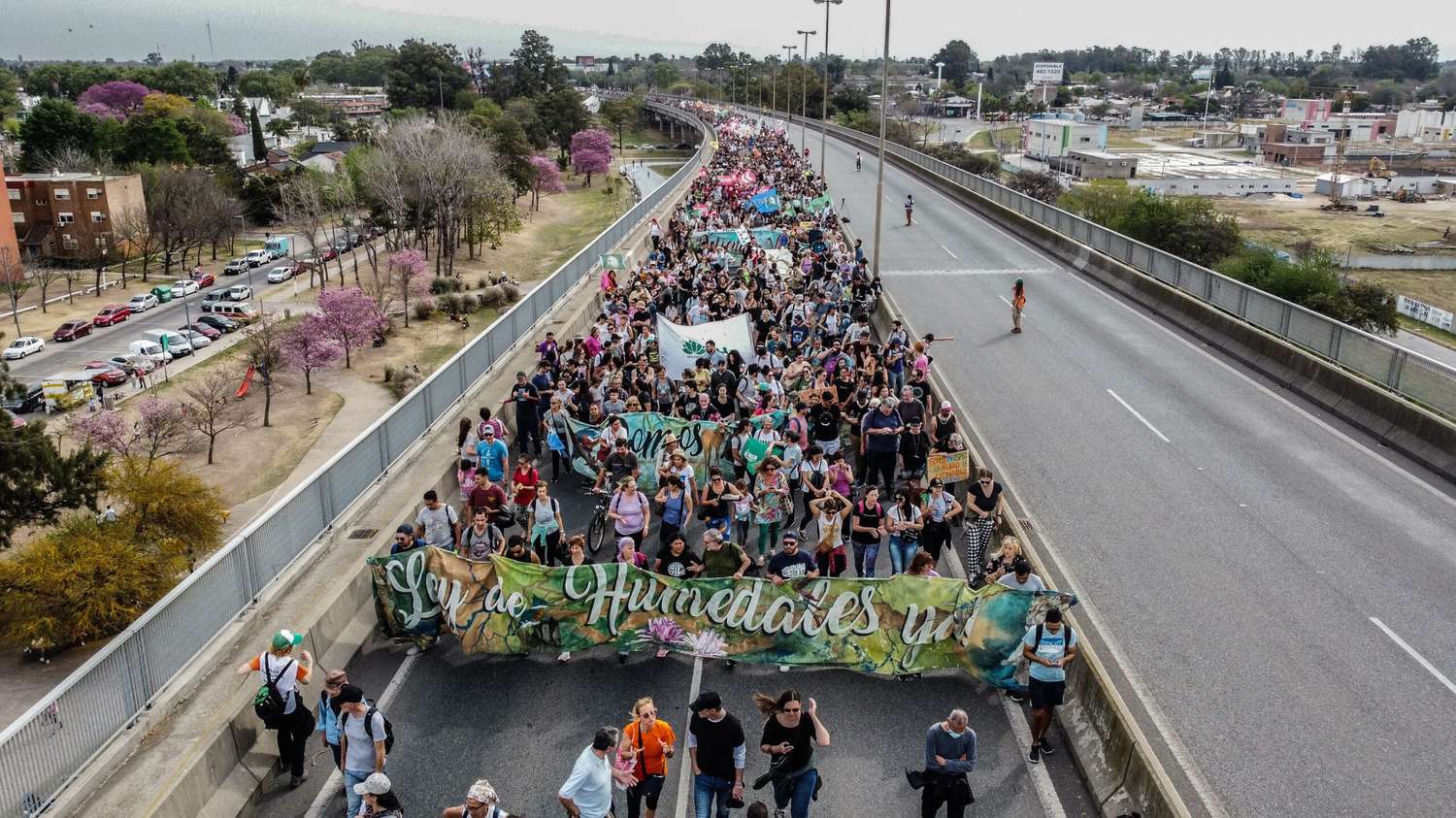 Masiva protesta en el puente Rosario-Victoria para pedir el fin de los incendios y ley de humedales